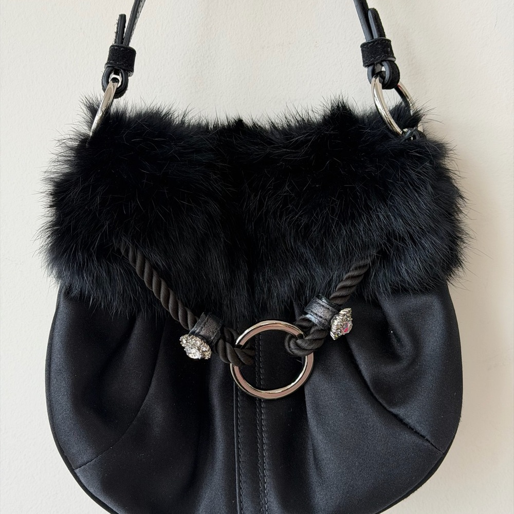 Coach Limited Edition Black Rabbit Fur Trim Satin Swarovski Evening Mini Bag